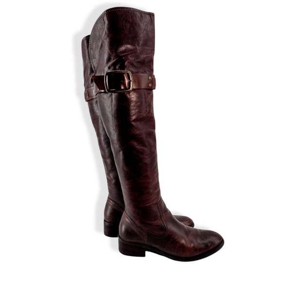 RUSTIC "Clancy" DISTRESSED REDDISH BROWN OVER KNEE BOOTS STRAPPED w BUCK… - Picture 2 of 13